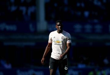 Paul Pogba of Manchester United looks on during the Premier League match between Everton FC and Manchester United at Goodison Park.