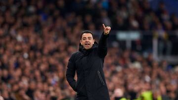 MADRID, SPAIN - MARCH 02: Xavi Hernandez, Manager of FC Barcelona reacts during the Copa del Rey Semi Final First Leg match between Real Madrid CF and FC Barcelona at Estadio Santiago Bernabeu on March 02, 2023 in Madrid, Spain. (Photo by Silvestre Szpylma/Quality Sport Images/Getty Images)