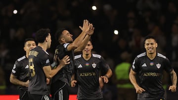 Qarabag's Cape Verdean midfielder #15 Leandro Andrado celebrates after scoring the team's first goal during the UEFA Champions League league phase football match between Qarabag and Chelsea at the Tofiq Bahramov Republican Stadium in Baku on November 5, 2025. (Photo by Giorgi ARJEVANIDZE / AFP)