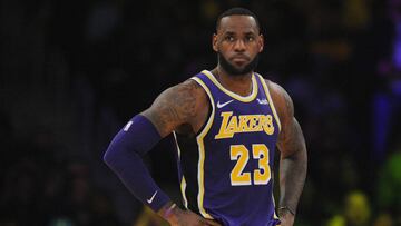 March 6, 2019; Los Angeles, CA, USA; Los Angeles Lakers forward LeBron James (23) during a stoppage in play against the Denver Nuggets in the first half at Staples Center. Mandatory Credit: Gary A. Vasquez-USA TODAY Sports