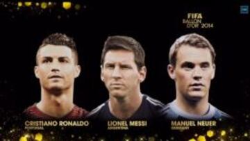 Los tres candidatos del Bal&oacute;n de Oro. Cristiano, Messi y Neuer.