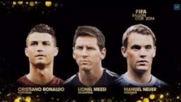 Los tres candidatos del Bal&oacute;n de Oro. Cristiano, Messi y Neuer.