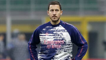 Eden Hazard, en el calentamiento previo al Inter de Mil&aacute;n-Real Madrid de la fase de grupos de la Champions League.