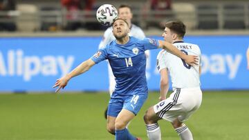 Israel&#039;s Shon Weissman , left, and Scotland&#039;s Kieran Tierney fight for possession during a World Cup 2022 group F qualifying soccer match between Israel and Scotland in Tel Aviv, Israel, Sunday, March 28, 2021. (AP Photo/Ariel Schalit)