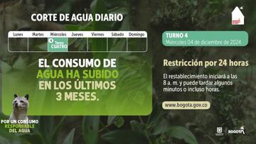 Este martes 4 de diciembre es turno 4 de racionamiento de agua en Bogotá. Cortesía: Alcaldía de Bogotá.