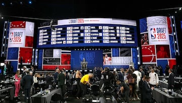 NEW YORK, NEW YORK - JUNE 25: An overall view of the draft board following the first round of the 2025 NBA Draft at Barclays Center on June 25, 2025 in the Brooklyn borough of New York City. NOTE TO USER: User expressly acknowledges and agrees that, by downloading and/or using this photograph, user is consenting to the terms and conditions of the Getty Images License Agreement. Sarah Stier/Getty Images/AFP (Photo by Sarah Stier / GETTY IMAGES NORTH AMERICA / Getty Images via AFP)