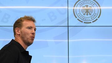 The new head coach of Germany's national football team, Julian Nagelsmann arrives at a press conference on September 22, 2023 at the DFB headquarters in Frankfurt, western Germany. The German Football Federation (DFB) on September 22, 2023 named Julian Nagelsmann as national head coach to replace the sacked Hansi Flick, just nine months before hosting the European Championship, the German football association (DFB) announced. The former Bayern Munich boss has signed a deal until the end of next July, allowing the 36-year-old to leave after Euro 2024. (Photo by Kirill KUDRYAVTSEV / AFP)