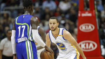 Mar 6, 2017; Atlanta, GA, USA; Golden State Warriors guard Stephen Curry (30) defends Atlanta Hawks guard Dennis Schroder (17) in the first quarter at Philips Arena. Mandatory Credit: Brett Davis-USA TODAY Sports
