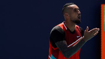 FILE PHOTO: Mar 29, 2022; Miami Gardens, FL, USA; Nick Kyrgios (AUS) argues with chair umpire Carlos Bernardes (not pictured) after being assessed a point penalty during the first set tiebreaker against Jannik Sinner (ITA)(not pictured) in a fourth round men's singles match in the Miami Open at Hard Rock Stadium. Mandatory Credit: Geoff Burke-USA TODAY Sports/File Photo