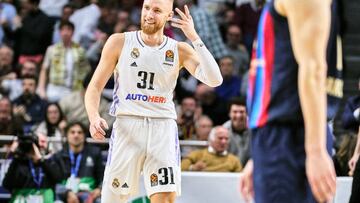 MADRID, SPAIN - JANUARY 26: Dzanan Musa of Real Madrid reacts during the 2022/2023 Turkish Airlines EuroLeague match between Real Madrid and FC Barcelona at Wizink Center on January 26, 2023 in Madrid, Spain. (Photo by Sonia Canada/Getty Images)