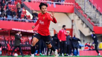 MALLORCA, SPAIN - JANUARY 15: Take Kubo of RCD Mallorca celebrates scoring his team's first goal during the round of 16 of the Copa del Rey match between RCD Mallorca and RCD Espanyol at Iberostar Stadium on January 15, 2022 in Mallorca, Spain. (Phot