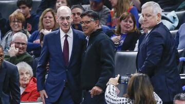 Jan 15, 2020; Oklahoma City, Oklahoma, USA; NBA Commissioner Adam Silver (middle left) poses for a photo with fans during the second half of a game between the Toronto Raptors and Oklahoma City Thunder at Chesapeake Energy Arena. Mandatory Credit: Alonzo Adams-USA TODAY Sports