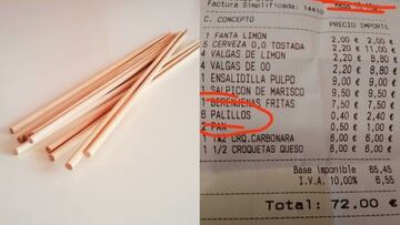 Indignación por el precio que cobran por los palillos en un bar de Málaga: “No puede ser cierto”
