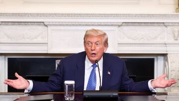 U.S. President Donald Trump gestures during a trilateral signing event with Armenia's Prime Minister Nikol Pashinyan and Azerbaijan's President Ilham Aliyev (not pictured), at the White House, in Washington, D.C., August 8, 2025. REUTERS/Kevin Lamarque