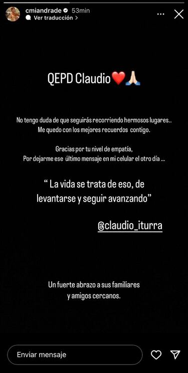 Camila Andrade se despide de su ex novio, Claudio Iturra, y muestra el último mensaje que le envió antes de su muerte