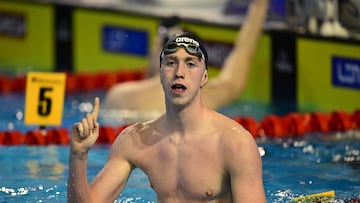 Ireland's Daniel Wiffen reacts after competing during the Men's 400m Freeestyle Final competition of the European Short Course Swimming Championships in Otopeni, Bucharest, on December 5, 2023. (Photo by Daniel MIHAILESCU / AFP)