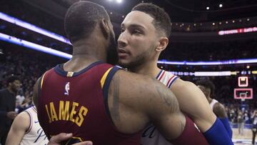 PHILADELPHIA, PA - APRIL 6: LeBron James #23 of the Cleveland Cavaliers hugs Ben Simmons #25 of the Philadelphia 76ers after the game at the Wells Fargo Center on April 6, 2018 in Philadelphia, Pennsylvania. The 76ers defeated the Cavaliers 132-130. NOTE