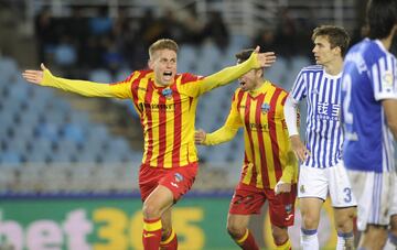 The Segunda B side celebrate after beating Real Sociedad 3-2 in the Copa del Rey.