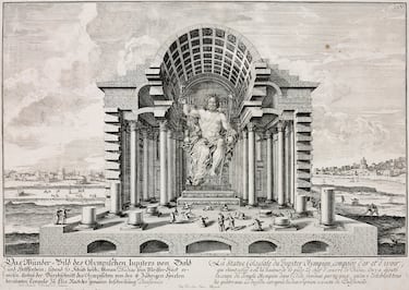 Estaba situada en el templo conmemorativo en Olimpia, una ciudad creada para albergar los juegos olímpicos que se hacían en honor al propio Zeus.
Fue creada por el gran escultor Fideas, considerado como el mejor del mundo antiguo. Estaba recubierta de marfil y los ropajes eran de oro. Medía unos 12 metros y representaba a Zeus, el dios, con una estatua de Niké en una mano y un cetro con un águila en la otra.