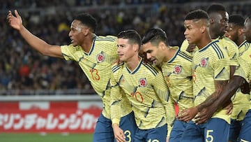 Jugadores de la Selecci&oacute;n Colombia celebrando un gol en el amistoso ante Jap&oacute;n.