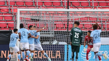 Aug 1, 2025; Harrison, New Jersey, USA; New York City FC forward Alonso Martinez (16) celebrates his goal with teammates during the first half against Club Leon at Sports Illustrated Stadium. Mandatory Credit: Vincent Carchietta-Imagn Images