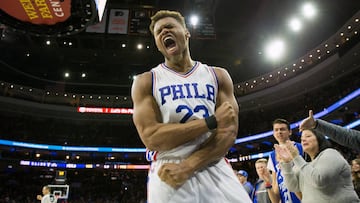 Mar 3, 2017; Philadelphia, PA, USA; Philadelphia 76ers guard Justin Anderson (23) reacts after defensive stop in the final seconds of the fourth quarter against the New York Knicks at Wells Fargo Center. The 76ers won 105-102. Mandatory Credit: Bill Streicher-USA TODAY Sports