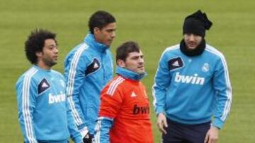 Marcelo, Varane, Casillas y Benzema en un entreamiento.
