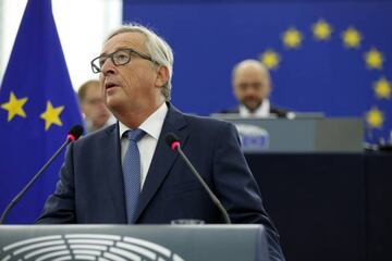 EU Commission President Jean-Claude Juncker delivers his State of the Union address at the European Parliament in Strasbourg, eastern France, Wednesday, Sept. 14, 2016. Juncker, the head of the European Union's executive said that the EU "still does not have enough Union" and that the bloc still needs more united action to move forward in the face of widespread opposition to more centralized powers for the bloc. (AP Photo/Jean Francois Badias)