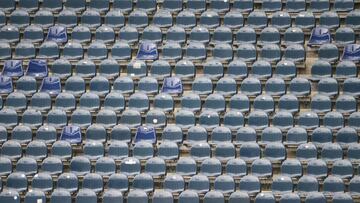 Soccer Football - Bundesliga - Eintracht Frankfurt v 1. FC Union Berlin - Deutsche Bank Park, Frankfurt, Germany - March 20, 2021 General view of empty seats inside the stadium before the match Pool via REUTERS/Kai Pfaffenbach DFL regulations prohibit any