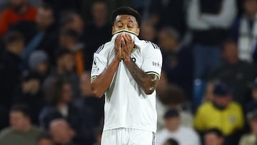 Soccer Football - Premier League - Leeds United v Liverpool - Elland Road, Leeds, Britain - April 17, 2023 Leeds United's Weston McKennie reacts after Liverpool's Diogo Jota scores their fifth goal Action Images via Reuters/Lee Smith EDITORIAL USE ONLY. No use with unauthorized audio, video, data, fixture lists, club/league logos or 'live' services. Online in-match use limited to 75 images, no video emulation. No use in betting, games or single club /league/player publications.  Please contact your account representative for further details.