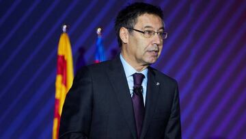 El presidente del FC Barcelona, Josep Maria Bartomeu, durante su intervención en la Asamblea de Compromisarios del FC Barcelona.