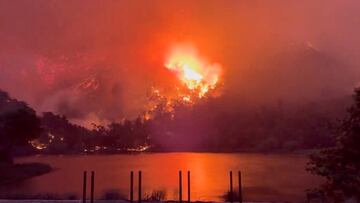 A view shows fire blazing amidst the wildfire in Santa Ynez Valley, Santa Barbara County, California, U.S., in this screengrab taken from a video released July 6, 2024. Scott Safechuck/Handout via REUTERS THIS IMAGE HAS BEEN SUPPLIED BY A THIRD PARTY. NO RESALES. NO ARCHIVES. MANDATORY CREDIT.