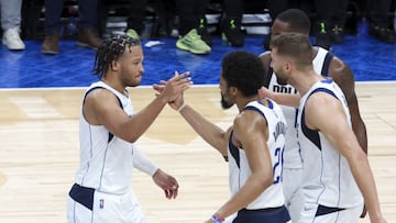 Apr 18, 2022; Dallas, Texas, USA; Dallas Mavericks guard Jalen Brunson (13) celebrates with teammates against the Utah Jazz during the fourth quarter in game two of the first round of the 2022 NBA playoffs at American Airlines Center. Mandatory Credit: Kevin Jairaj-USA TODAY Sports