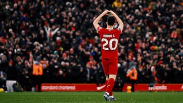 LIVERPOOL, ENGLAND - NOVEMBER 12: (THE SUN OUT, THE SUN ON SUNDAY OUT) Diogo Jota of Liverpool celebrates after scoring the third goal during the Premier League match between Liverpool FC and Brentford FC at Anfield on November 12, 2023 in Liverpool, England. (Photo by Andrew Powell/Liverpool FC via Getty Images)