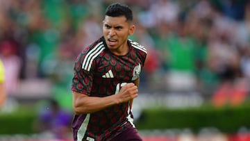 Sep 7, 2024; Pasadena, CA, USA; Mexico midfielder Orbelin Pineda (17) celebrates his goal scored against New Zealand during the first half at the Rose Bowl. Mandatory Credit: Gary A. Vasquez-Imagn Images