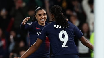 Soccer Football - Women's Champions League - Quarter Final - Second Leg - Paris St Germain v Hacken - Parc des Princes, Paris, France - March 28, 2024 Paris St Germain's Marie-Antoinette Katoto celebrates scoring their third goal with Sakina Karchaoui REUTERS/Stephanie Lecocq