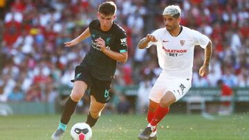 BOSTON, MASSACHUSETTS - JULY 21: Ben Woodburn of Liverpool dribbles during the first half against Ever Banega #10 of Sevilla during a pre-season friendly at Fenway Park on July 21, 2019 in Boston, Massachusetts. Tim Bradbury/Getty Images/AFP
== FOR NEW
