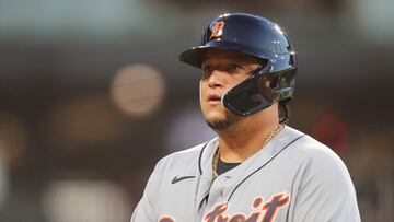 CHICAGO, ILLINOIS - SEPTEMBER 01: Miguel Cabrera #24 of the Detroit Tigers looks on after flying out during the first inning against the Chicago White Sox at Guaranteed Rate Field on September 01, 2023 in Chicago, Illinois.   Michael Reaves/Getty Images/AFP (Photo by Michael Reaves / GETTY IMAGES NORTH AMERICA / Getty Images via AFP)