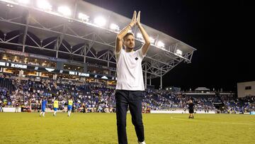 Aug 4, 2024; Chester, Pennsylvania, USA; Cruz Azul head coach Martin Anselmi applauds fans after a penalty kick victory against the Philadelphia Union at Subaru Park. Mandatory Credit: Bill Streicher-USA TODAY Sports