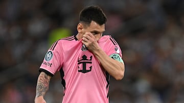 Inter Miami's Argentine forward Lionel Messi gestures during the Concacaf Champions Cup quarter-final second-leg football match between Mexico's Monterrey and USA's Inter Miami at the BBVA Stadium in Monterrey, Mexico on April 10, 2024. (Photo by YURI CORTEZ / AFP)