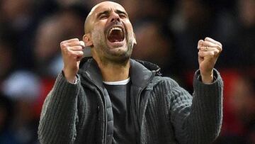 Pep Guardiola celebrando un gol con el Manchester City en la temporada 2018-2019.