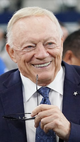 Sep 14, 2025; Arlington, Texas, USA; Dallas Cowboys owner Jerry Jones on the sidelines before the game against the New York Giants at AT&T Stadium. Mandatory Credit: Raymond Carlin III-Imagn Images