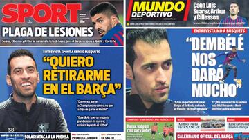 Sergio Busquets en las portadas de 'Sport' y 'Mundo Deportivo' del martes, 27 de noviembre de 2018.