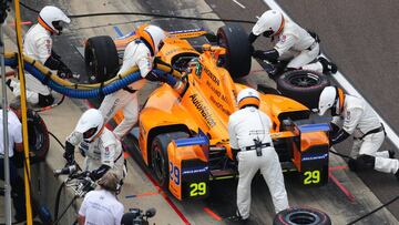 May 28, 2017; Indianapolis, IN, USA; IndyCar Series driver Fernando Alonso pits during the 101st Running of the Indianapolis 500 at Indianapolis Motor Speedway. Mandatory Credit: Mark J. Rebilas-USA TODAY Sports