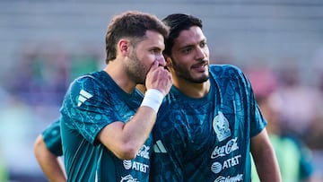 Santiago Gimenez and Raul Jimenez of Mexico during the mach Mexican National Team (Mexico) and Turkey team as part to International friendly match at Kenan Memorial Stadium, on June 10, 2025 on Chapel Hill, North Carolina, United States.