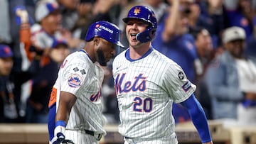 Oct 18, 2024; New York City, New York, USA; New York Mets first baseman Pete Alonso (20) reacts scoring a run during the fourth inning against the Los Angeles Dodgers during game five of the NLCS for the 2024 MLB playoffs at Citi Field. Mandatory Credit: Vincent Carchietta-Imagn Images TPX IMAGES OF THE DAY