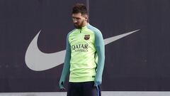 Messi en el entrenamiento previo al partido contra el Sporting.