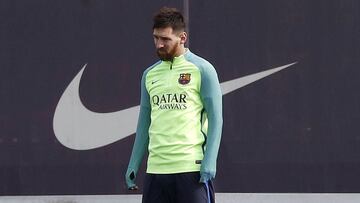 Messi en el entrenamiento previo al partido contra el Sporting.