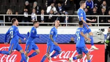 Romania's players celebrate the 1-1 goal scored by Romania's midfielder Florin Tanase (R) during the UEFA Nations League football match between Finland and Romania in Helsinki on September 23, 2022. - Finland OUT (Photo by Jussi Nukari / LEHTIKUVA / AFP) / Finland OUT (Photo by JUSSI NUKARI/LEHTIKUVA/AFP via Getty Images)
