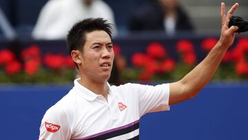 Kei Nishikori of Japan reacts after defeating Felix Auger-Aliassime of Canada 6-1, 6-3 during his men's singles match at the Barcelona Open Tennis Tournament in Barcelona, Spain, Thursday, April 25, 2019. (AP Photo/Manu Fernandez)